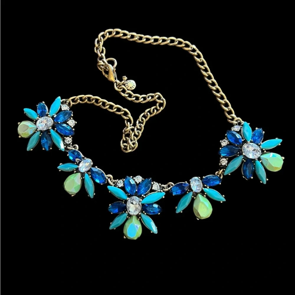 EUC~ J CREW flower Necklace blues and greens w/ Rhinestones